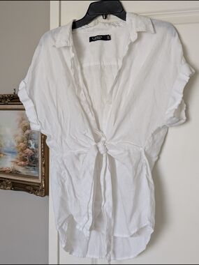 Ralph Lauren White Linen Tie Front Blouse